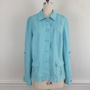 Charter Club Blazer Women's L Linen Button‎ Down Cargo Pockets Roll Tab Sleeves